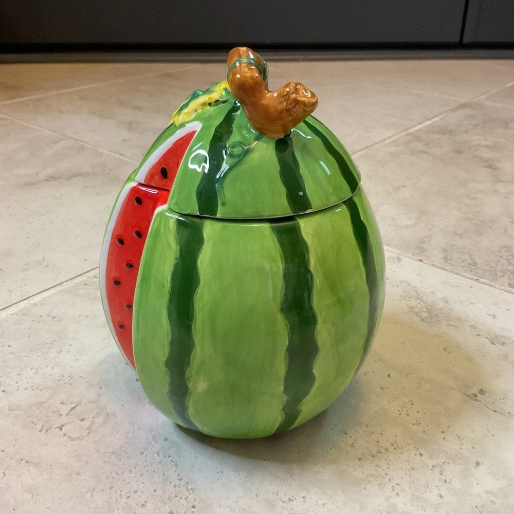Vintage Watermelon Ceramic Cookie Jar Hand Painted Fruit Canister Kitchen Decor